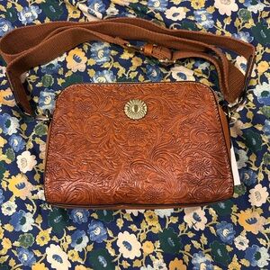 Floral Embossed Tan Leather Crossbody Bag
